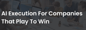 A modern office scene with diverse professionals collaborating on laptops and desktop computers. Bold white text in the foreground reads, âAI Execution For Companies That Play To Win,â representing the aggressive, results-driven philosophy of Aedin Insight.